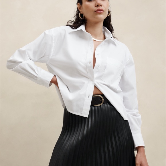 New! BANANA REPUBLIC 100% Cotton Boxy Crop Shirt in Soft Pink, Size Large - Picture 5 of 6